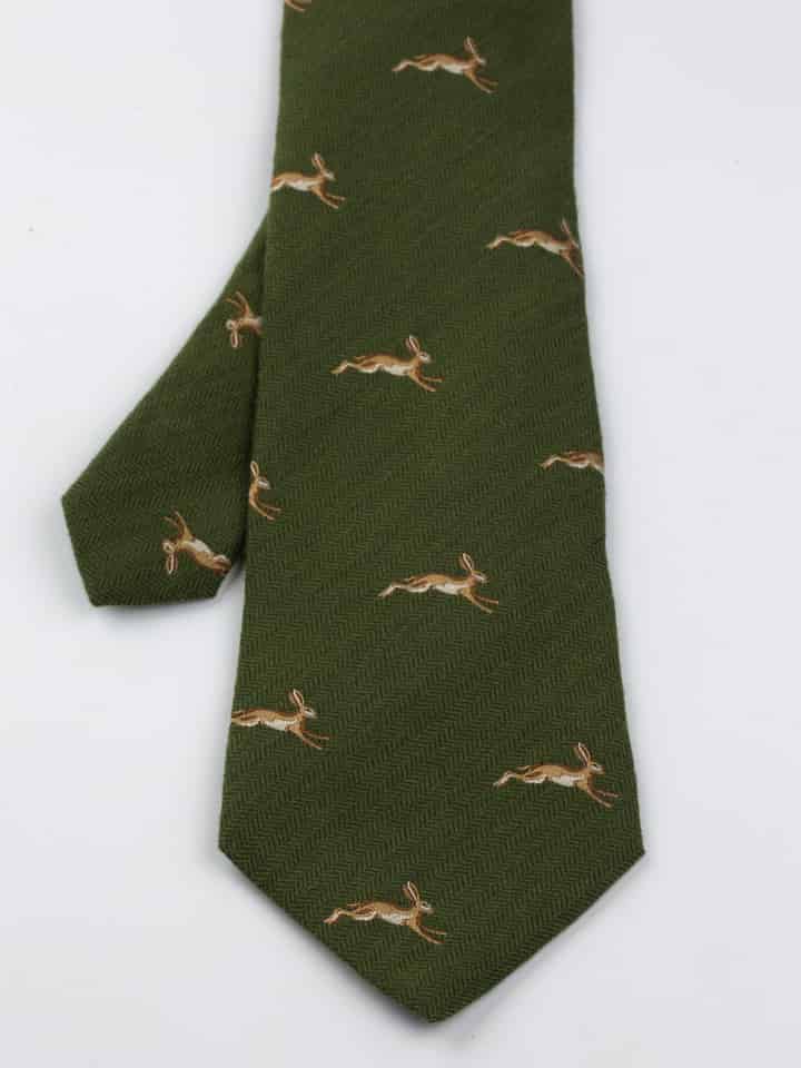 Forest Green Leaping Hare Tie Flat