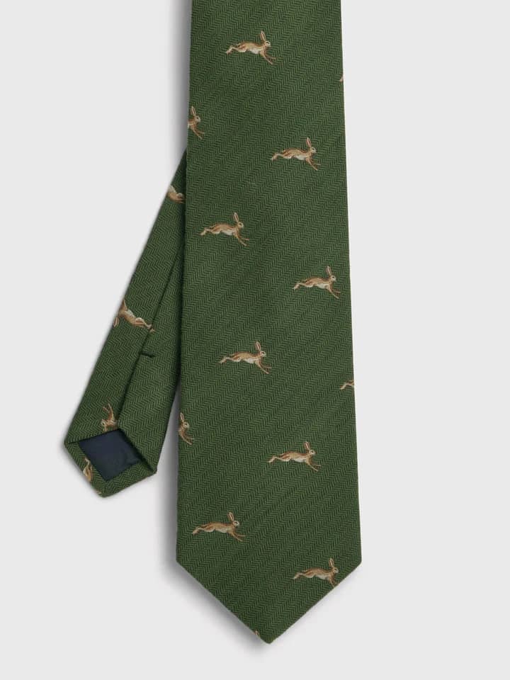 Mens Forest Green Leaping Hare Tie Flat