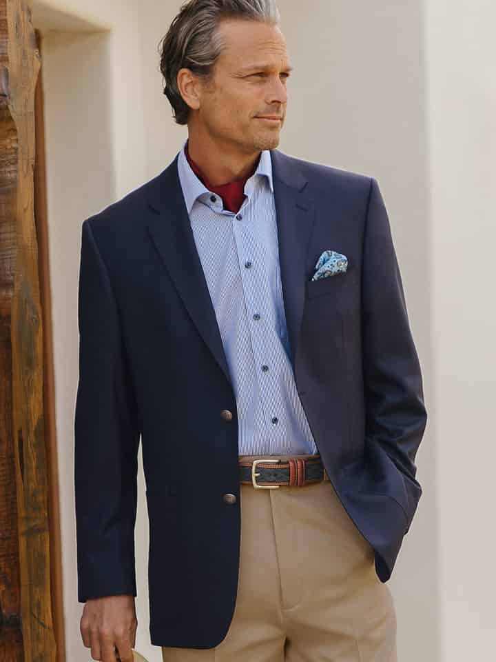 Men's Navy Blue Commodore Luxury Wool Blazer on Model