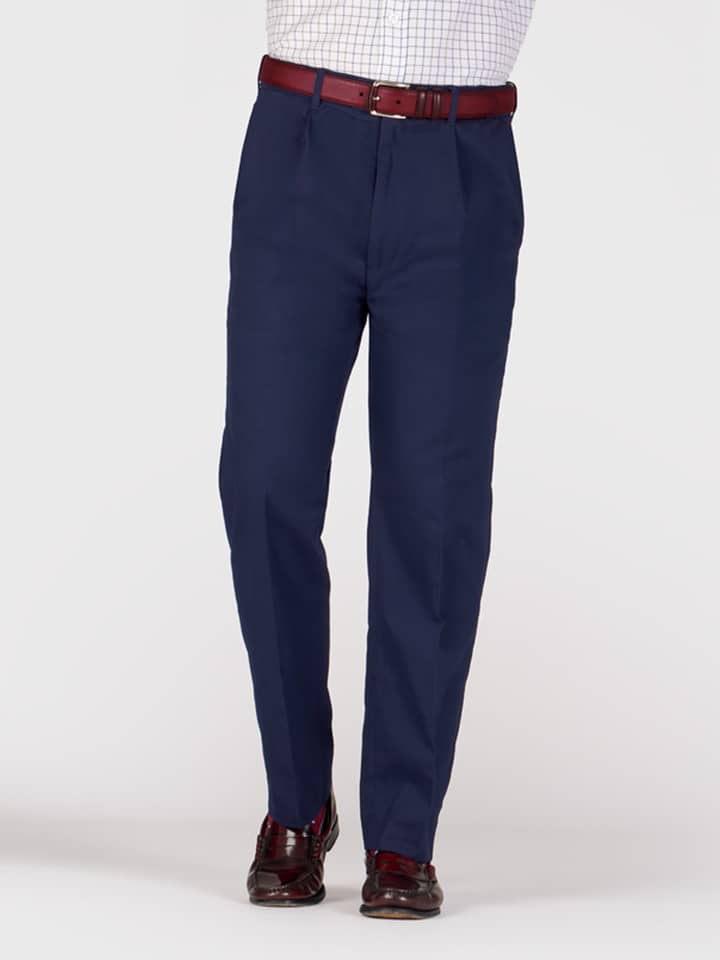 Mens Navy Pleated Chino Pants on Model