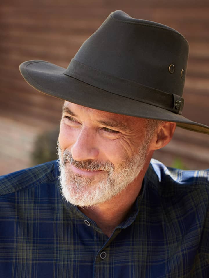 Olive Wax Drifter Hat On Model