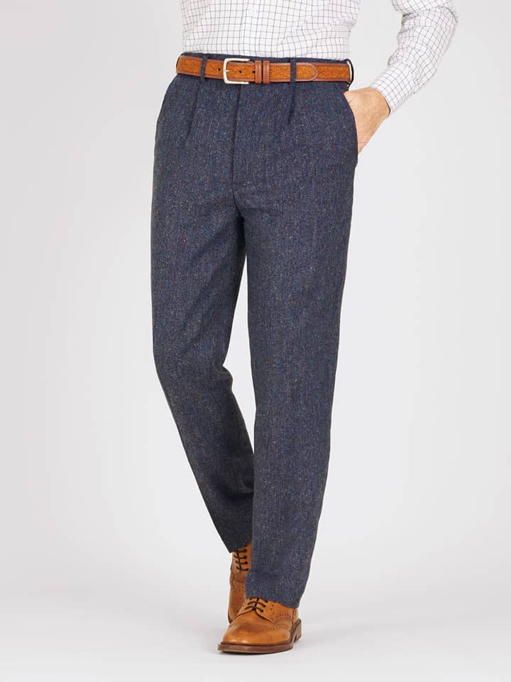 Model Wears Blue Fine Donegal Tweed Pants