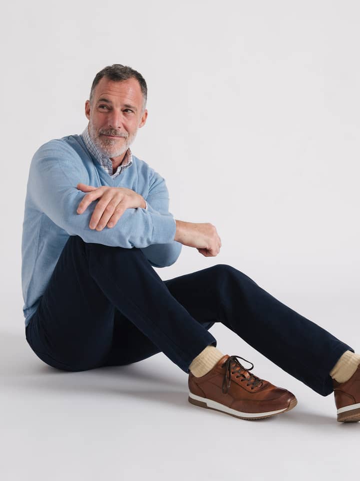 Men's Navy Blue Cotton Drill Jeans On Model