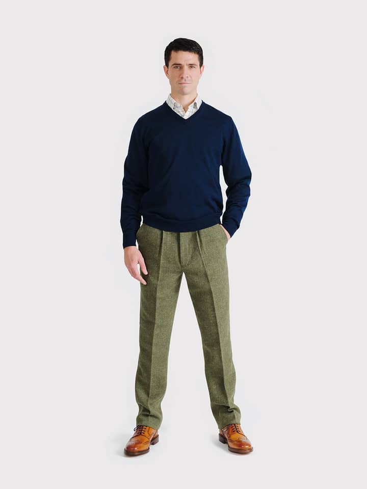 Men's Navy Blue Merino V-Neck Sweater On Model