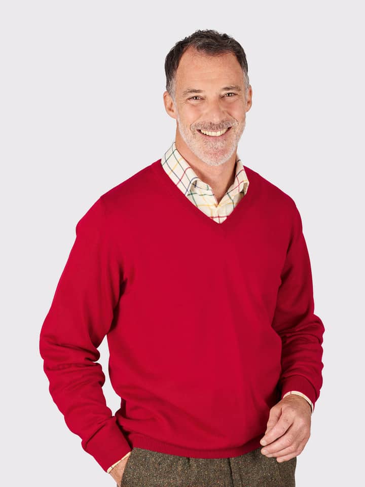 Men's Red Merino Wool V-Neck Sweater On Model
