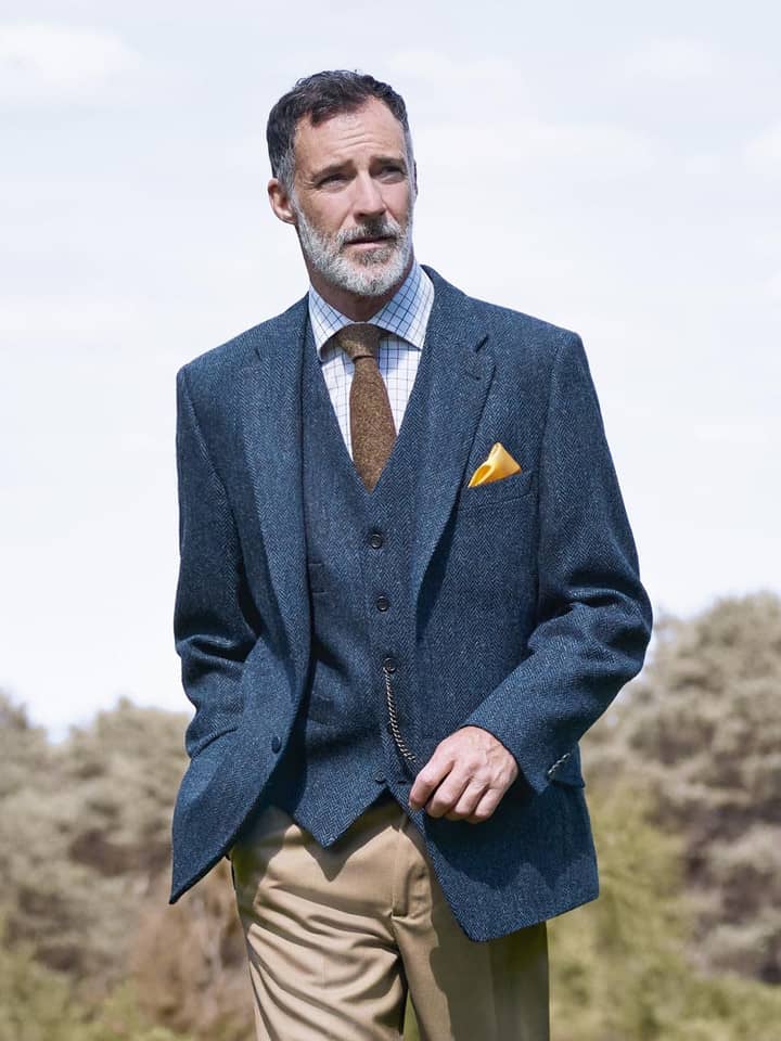 Model Wearing Mens Blue Harris Tweed® Jacket