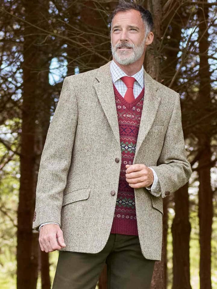 Model Wearing Mens Oat Cream Harris Tweed® Jacket