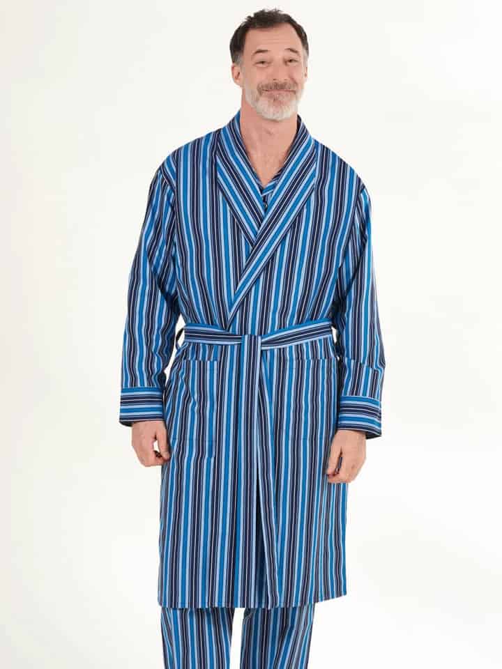 Model wears Navy & Blue Cotton Club Stripe Dressing Gown