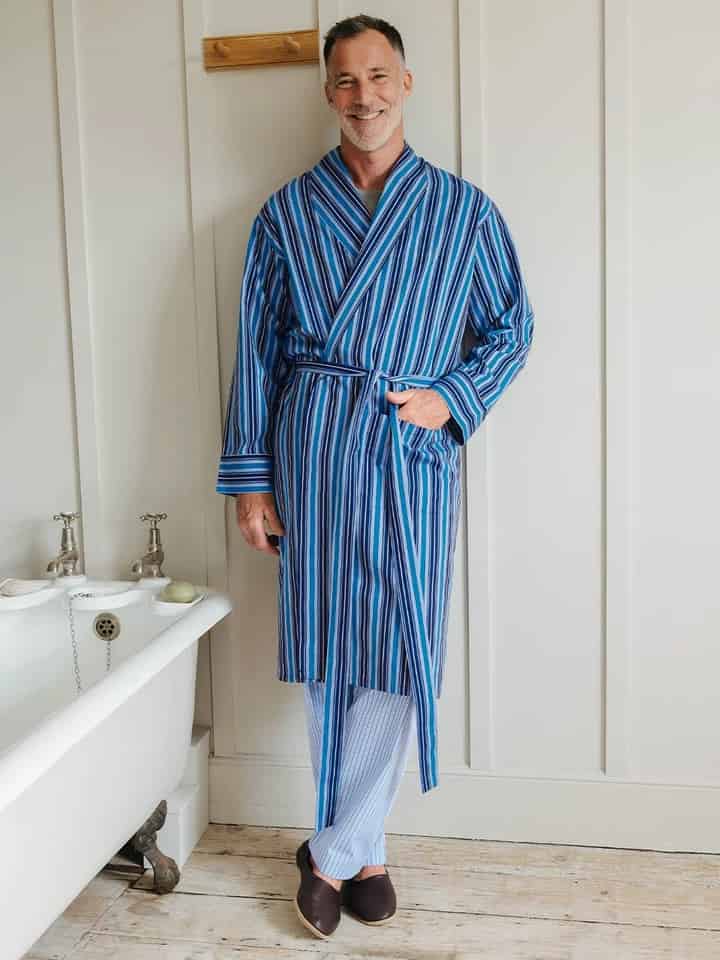 Mens Navy & Blue Club Stripe Dressing Gown on Model
