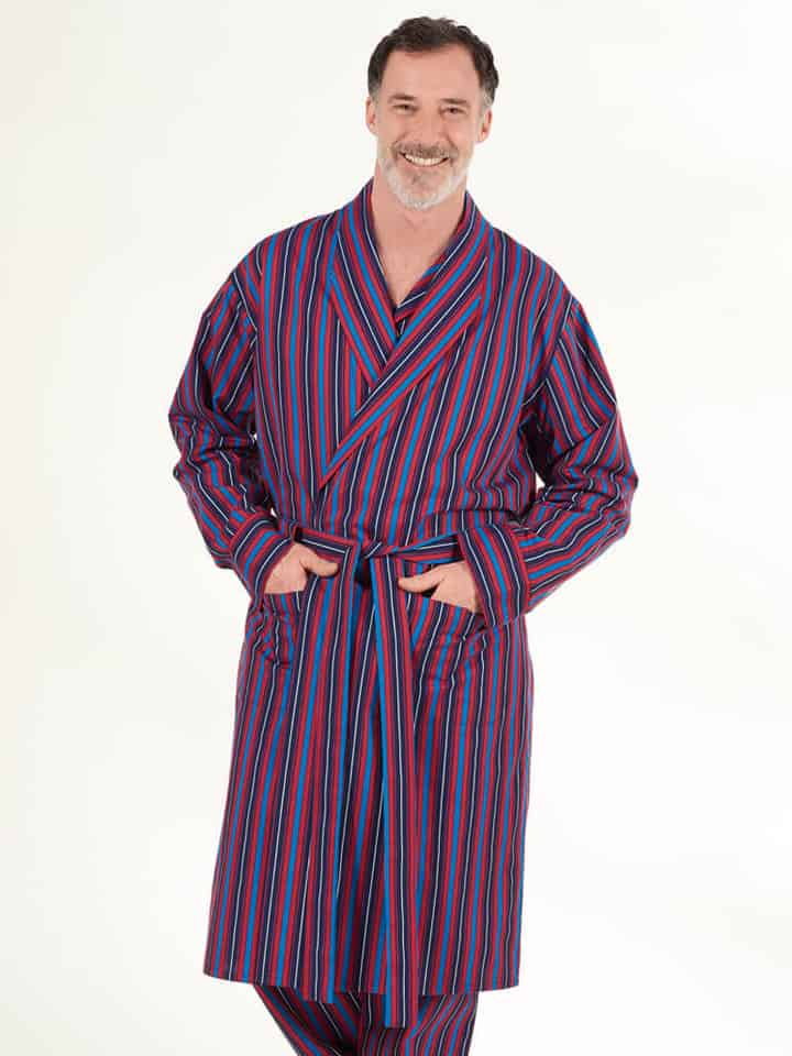 Model wears Navy & Red Cotton Club Stripe Dressing Gown