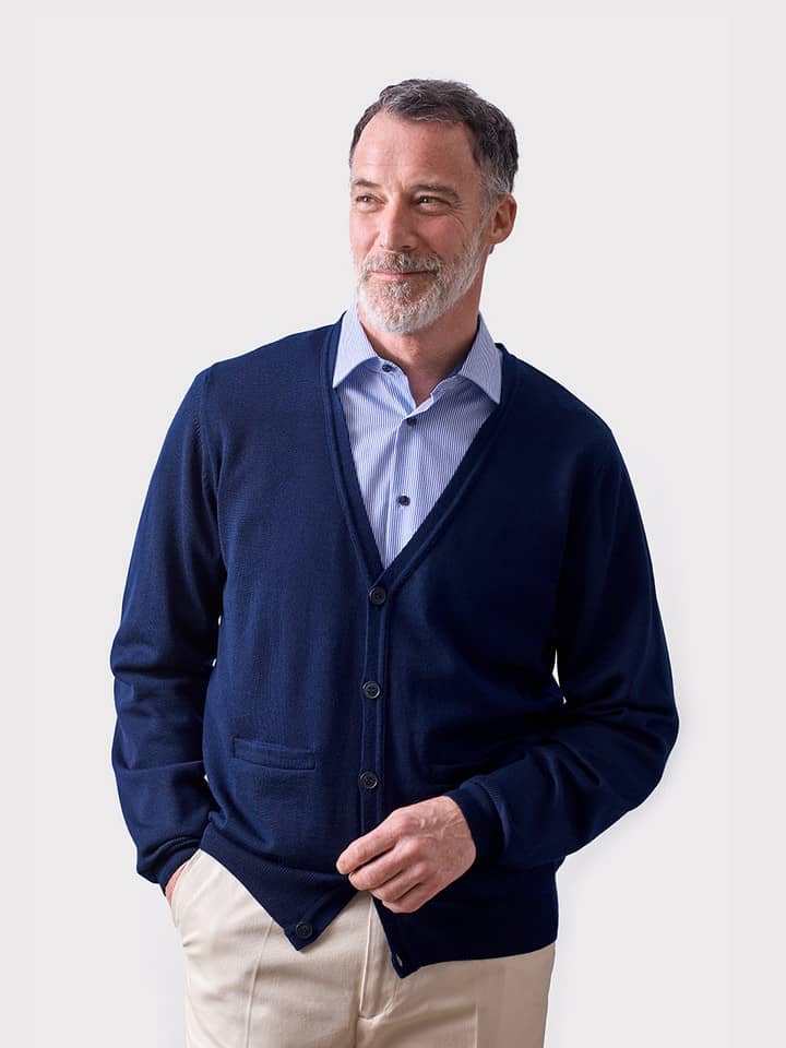 Navy Merino Wool Button Up Cardigan On Model