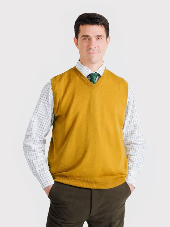 Men's Gold Yellow 100% Merino Wool Slipover On Model