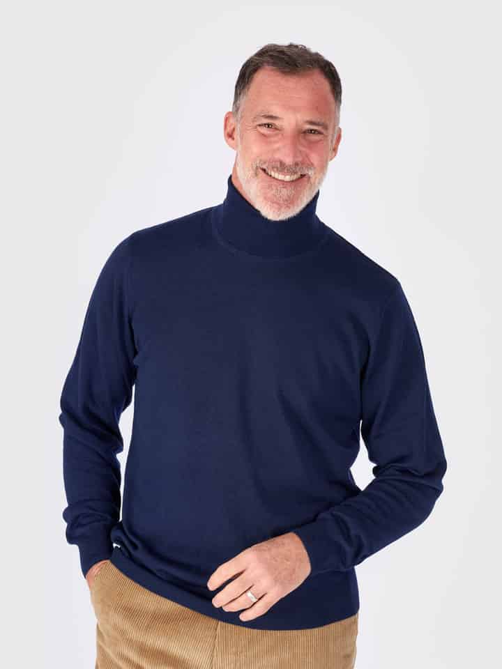 Men's Navy Blue Merino Wool Turtleneck Sweater On Model