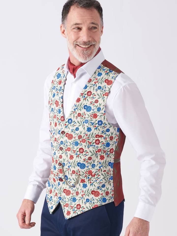 Model Wears Men's Blue Floral Brocade Vest