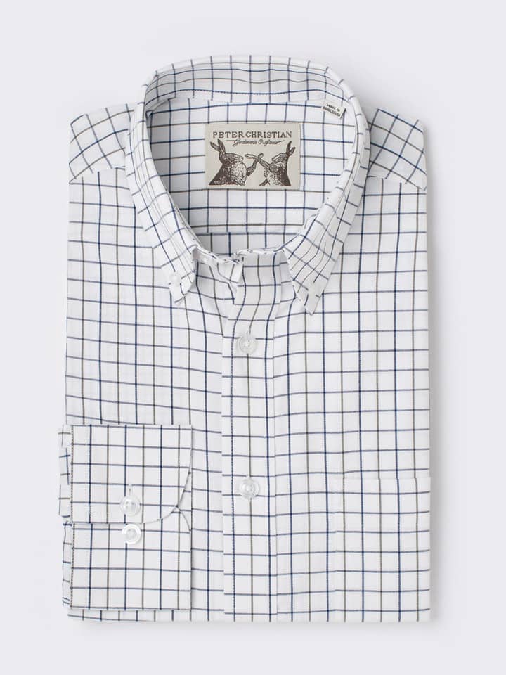 Men's Blue White Button Down Collar Check Shirt Folded