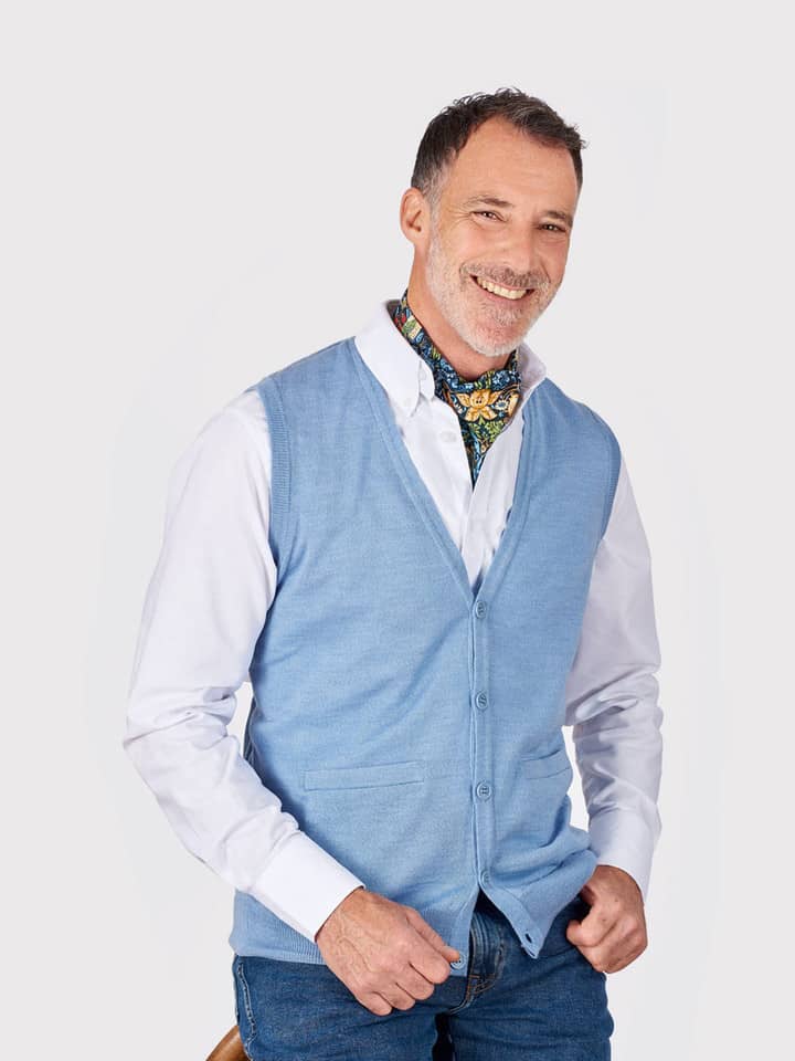 Men's Duck Egg Blue Merino Vest On Model