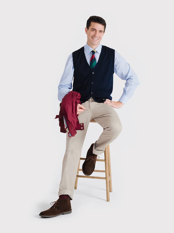 Men's Navy Blue Merino Wool Sweater Vest On Model