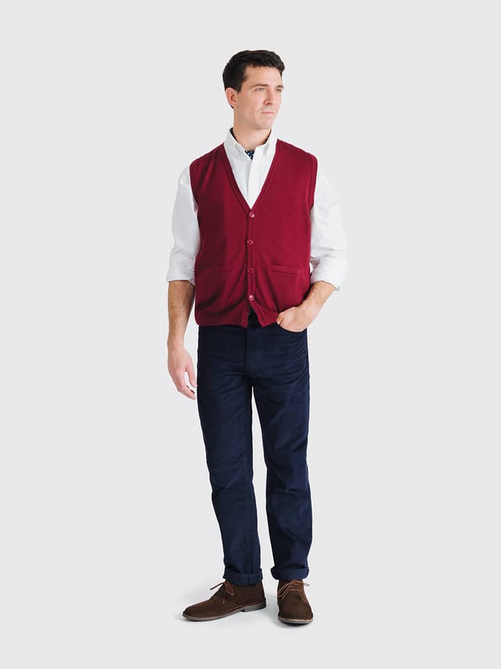Men's Wine Merino Sweater Vest On Model