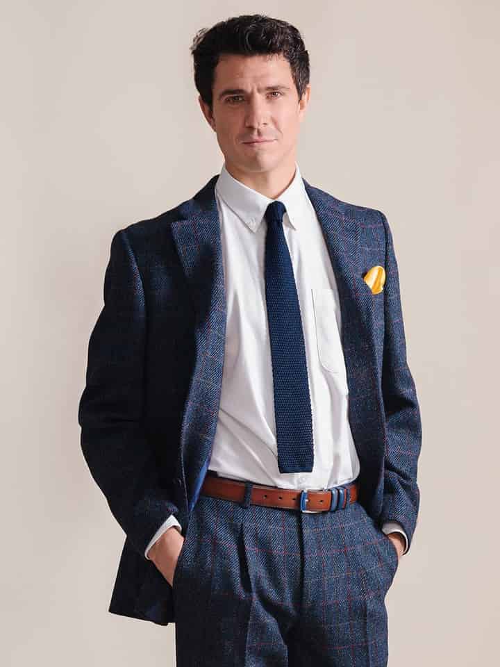 Men's Blue Harris Tweed Suit Jacket On Model
