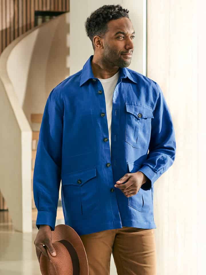 Men's Blue Linen Correspondent Jacket On Model