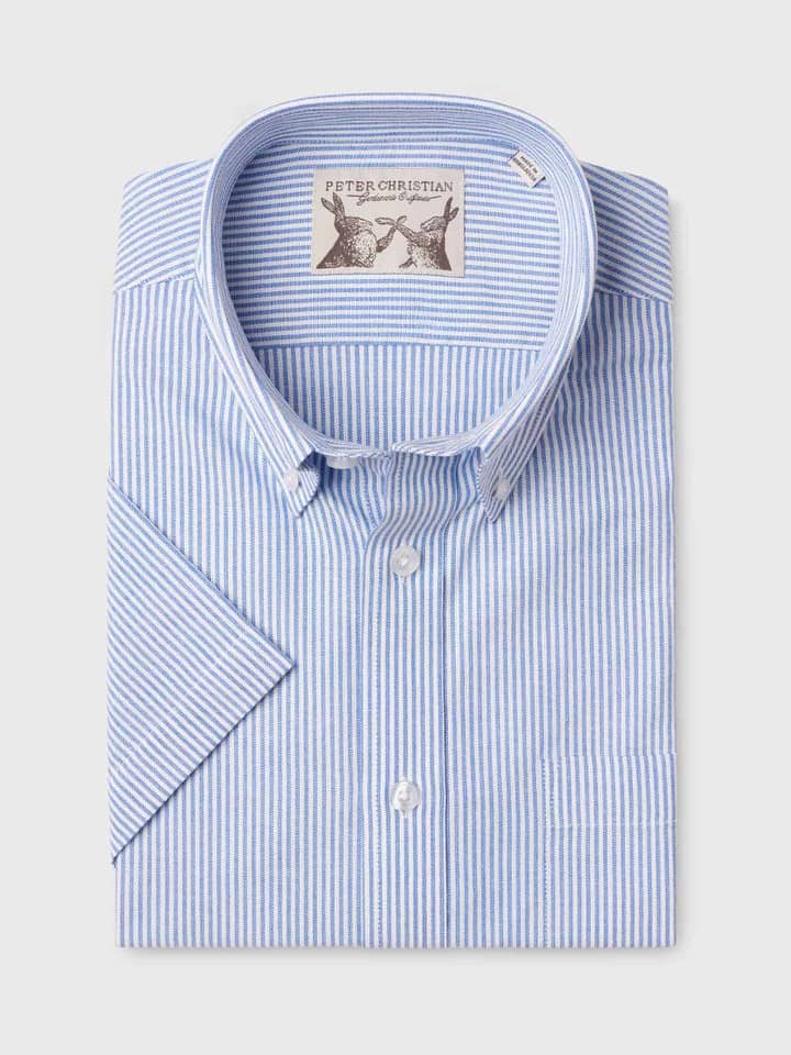 Men's Blue Stripe Cotton Short Sleeve Shirt