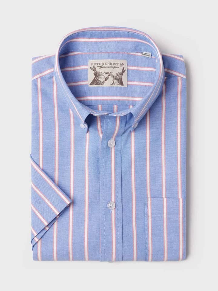 Men's Blue Red Stripe Cotton Short Sleeve Shirt