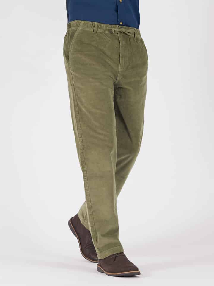 Men's Lovat Green Fine Needlecord Corduroy Drawstring Elasticated Waist Pants
