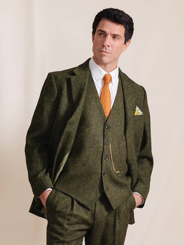 Men's Green Donegal Tweed Suit Jacket On Model