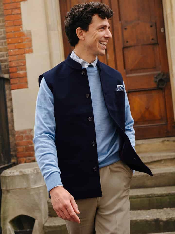 Mens Navy Blue Moleskin Nehru Collar Gilet On Model