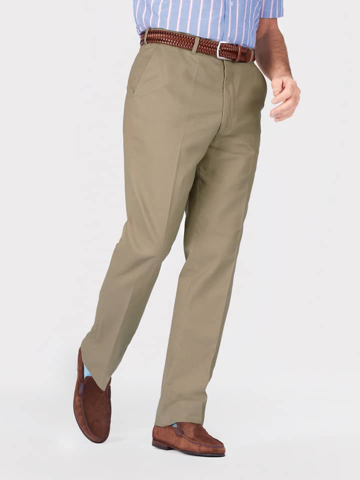 Men's Sand Flat Front Cotton Chino Pants on Model