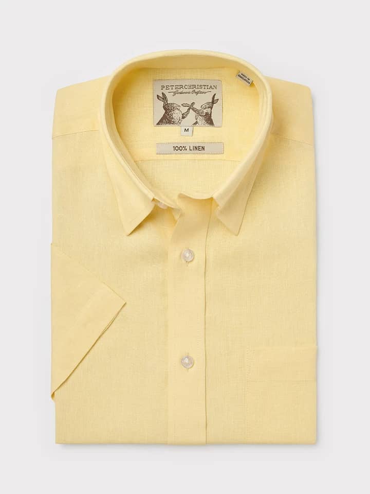 Men's Lemon Yellow 100% Linen Short Sleeve Shirt Folded