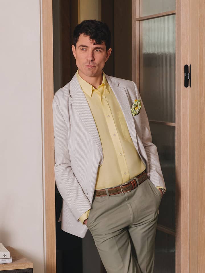 Men's Natural Striped Seersucker Jacket On Model