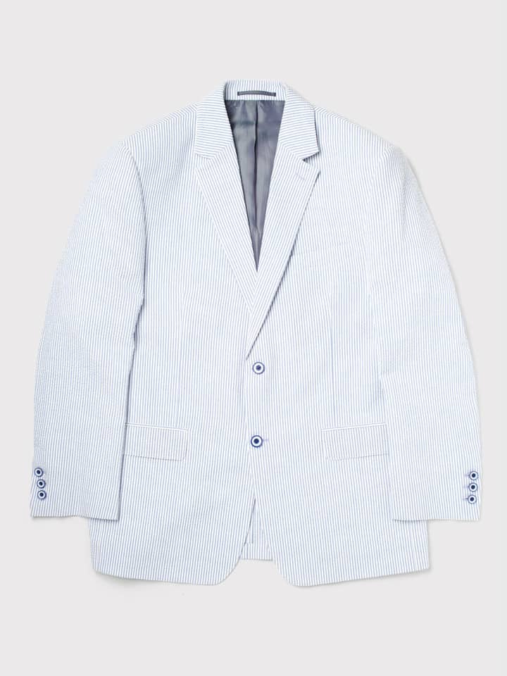Men's Blue & White Striped Seersucker Jacket Front