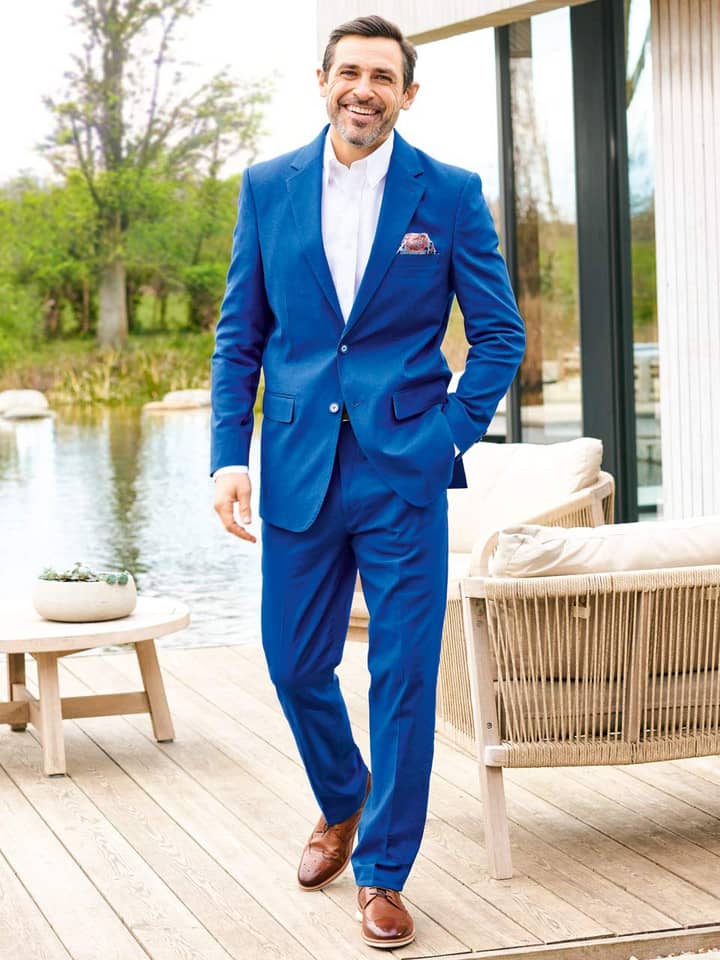 Men's Blue Cotton & Linen Suit On Model