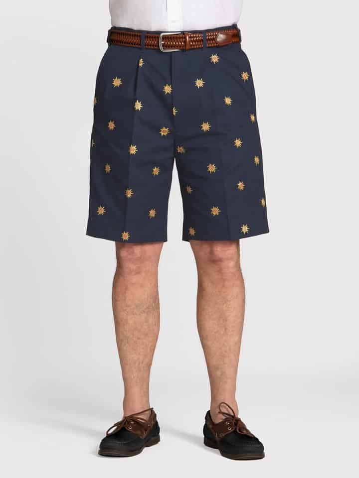 Sun Embroidered Navy Pleated Dress Shorts