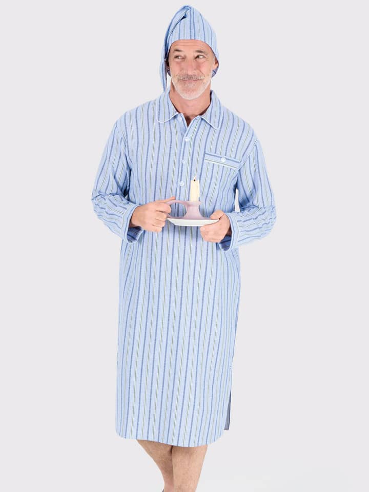 cotton night dress for man Men's Cotton Flannel Nightshirt - Blue Stripe