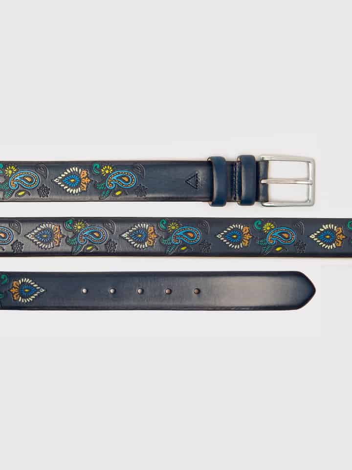 Mens Navy Paisley Hand Painted Leather Belt