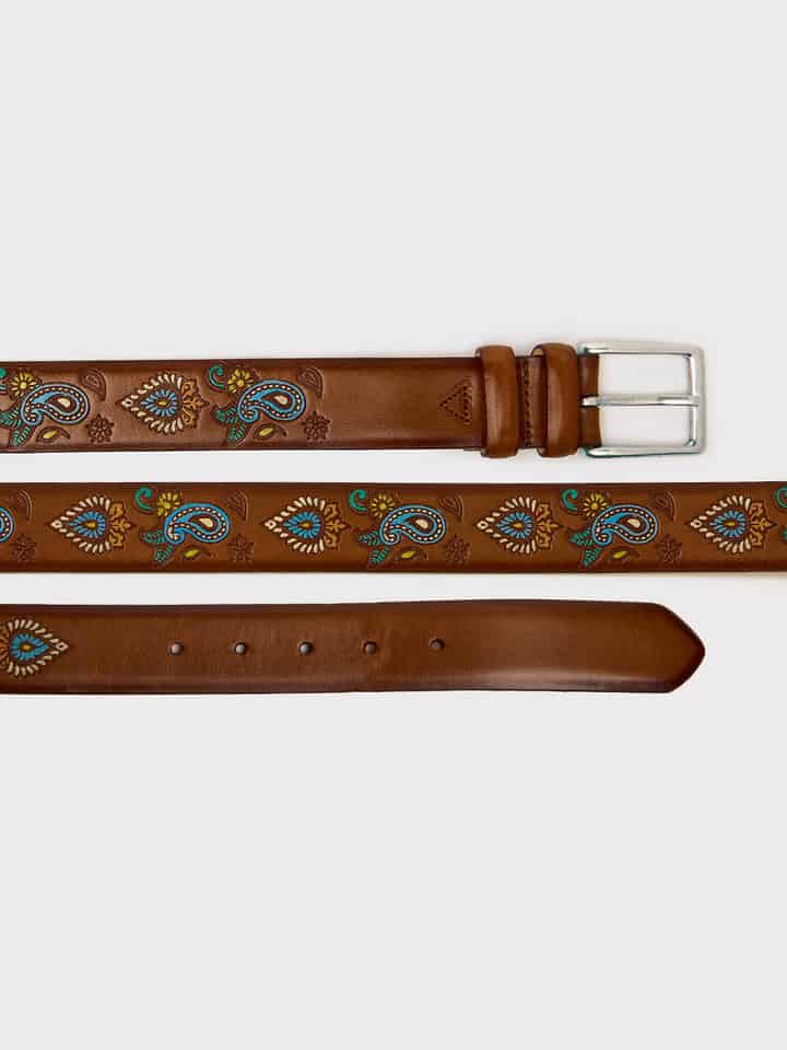 Mens Tan Paisley Hand Painted Leather Belt