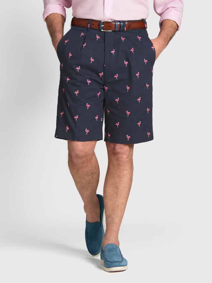Flamingo Embroidered Cotton Pleated Shorts