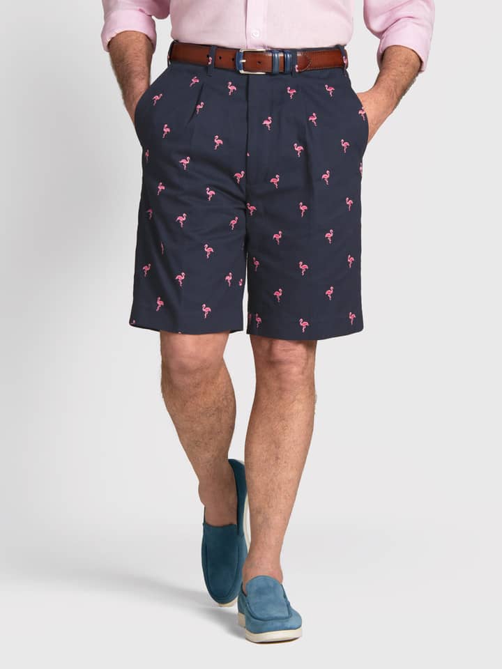 Flamingo Embroidered Cotton Pleated Shorts