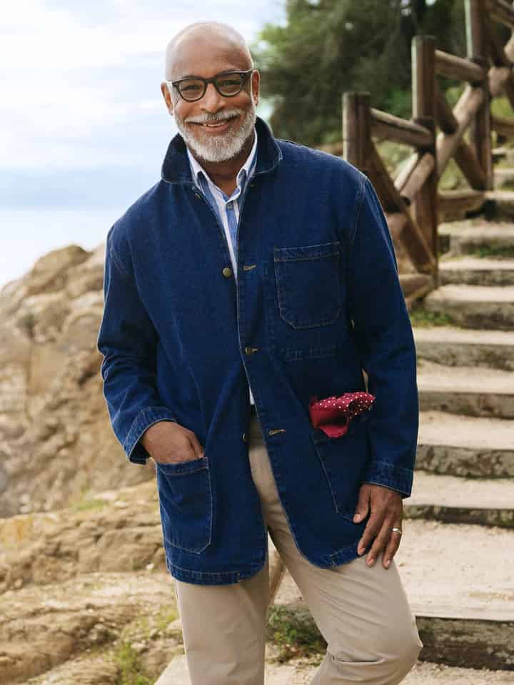 Model wears mens Denim Chore Jacket