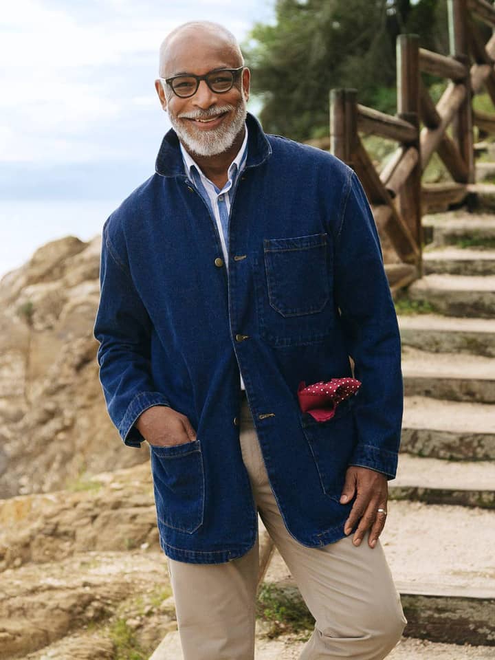 Model wears mens Denim Chore Jacket