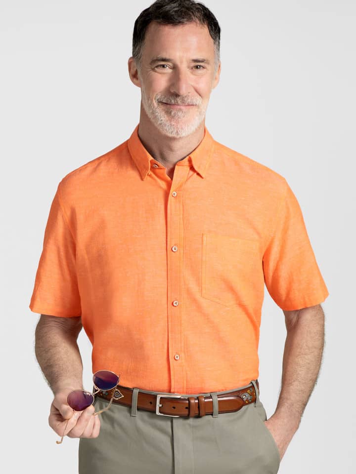 Men's Apricot Short Sleeve Linen and Cotton Shirt Model
