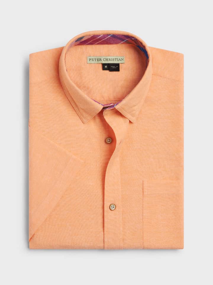 Men's Apricot Short Sleeve Linen and Cotton Shirt Folded