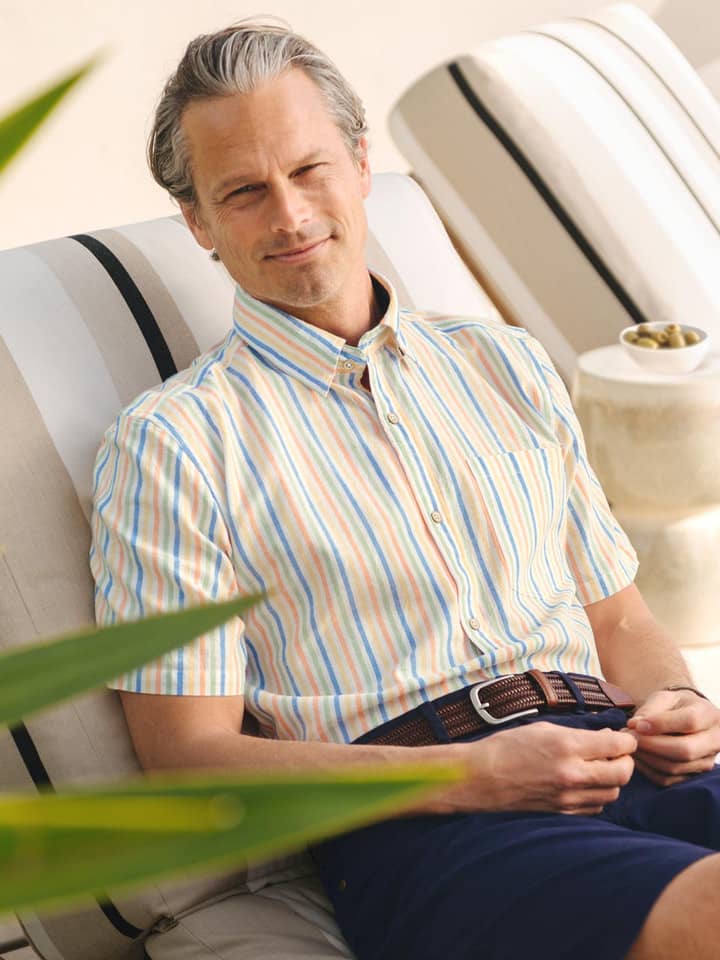 Men's Striped Short Sleeve Linen and Cotton Shirt Model