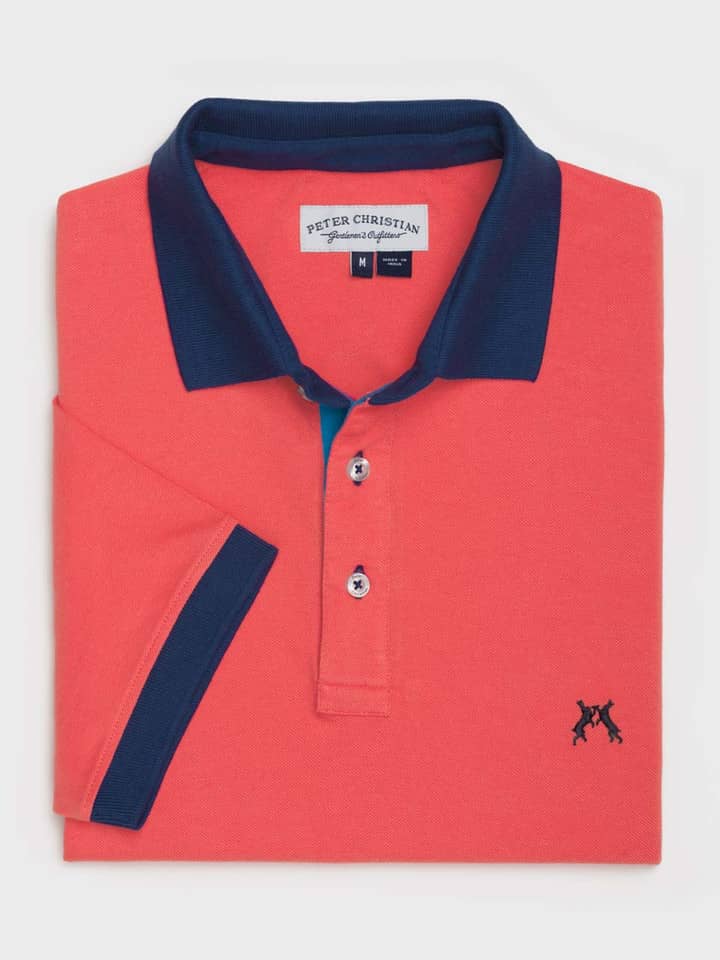 Men's Coral Contrast Trim Cotton Polo Shirt Flat