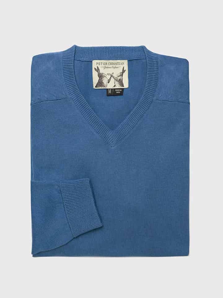 Men's Blue Cotton V Neck Sweater Folded