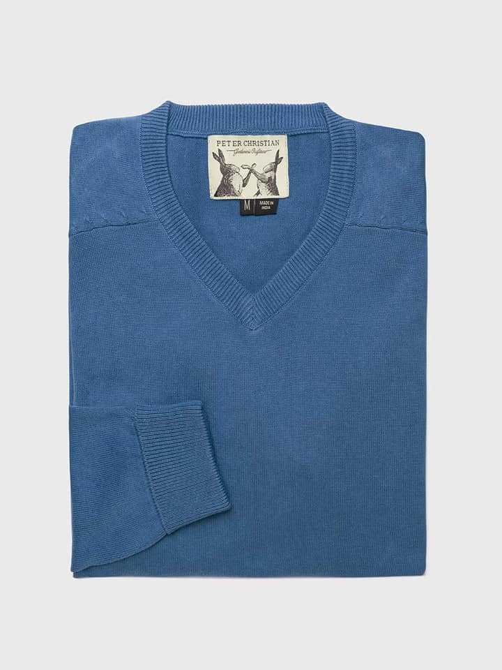 Men's Blue Cotton V Neck Sweater Folded