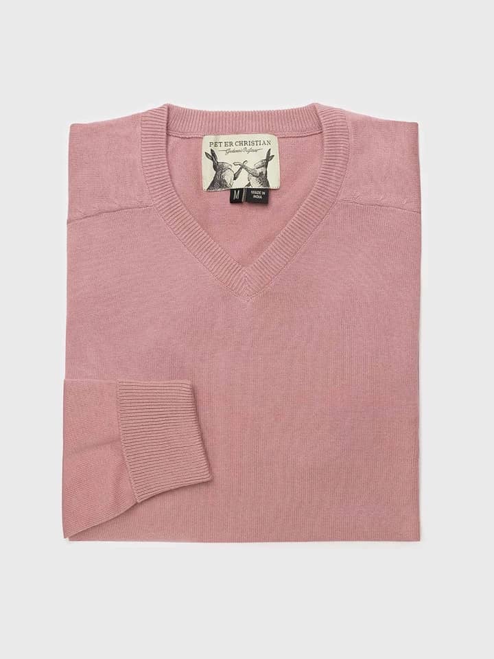 Men's Pink Cotton V Neck Sweater Folded