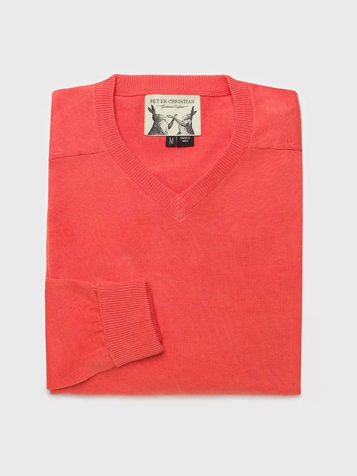 Men's Coral Cotton V Neck Sweater Folded
